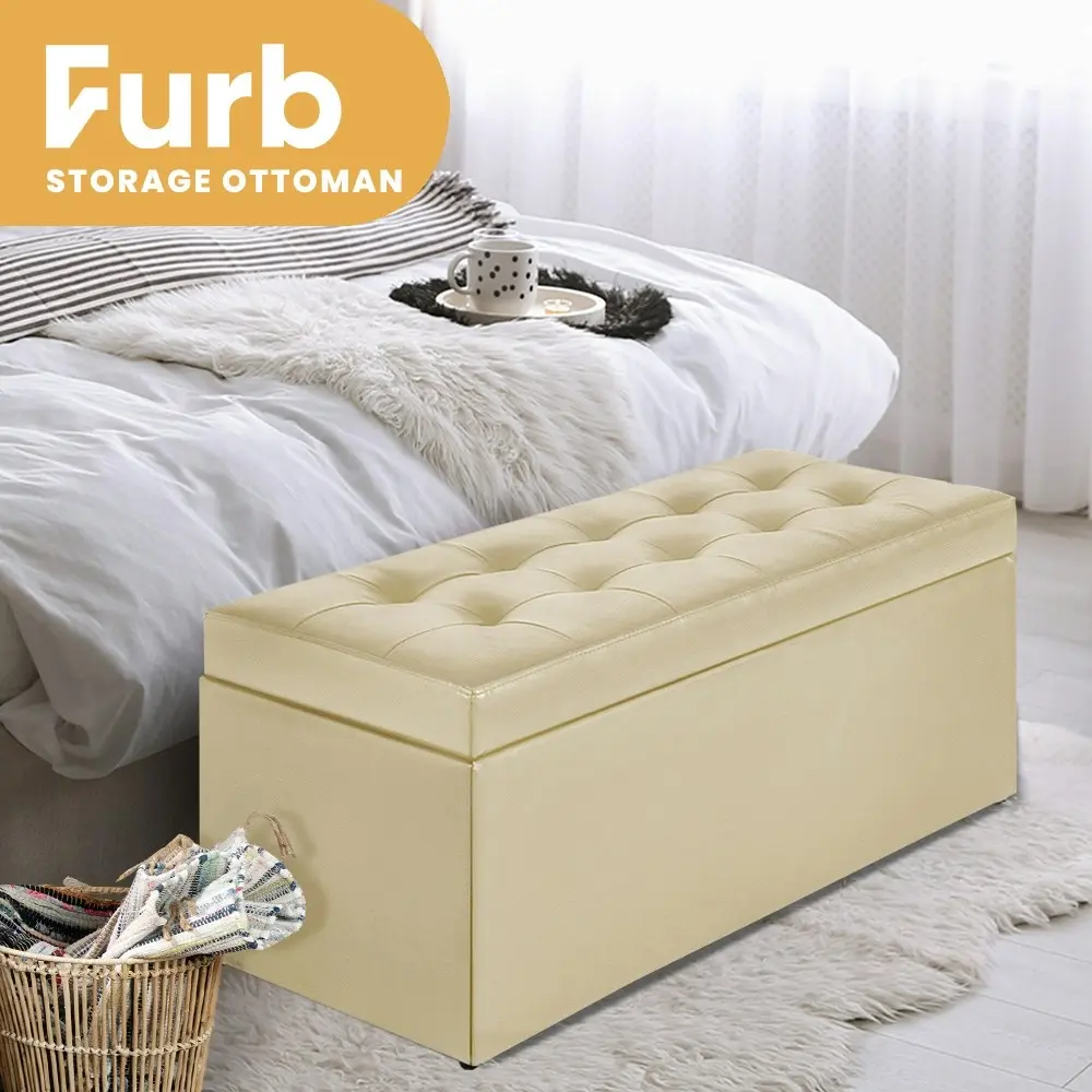 Furb Storage Ottoman Blanket Box PU leather Foot Stool Rest Chest Toy Bedroom Bench Tufted Lid Beige