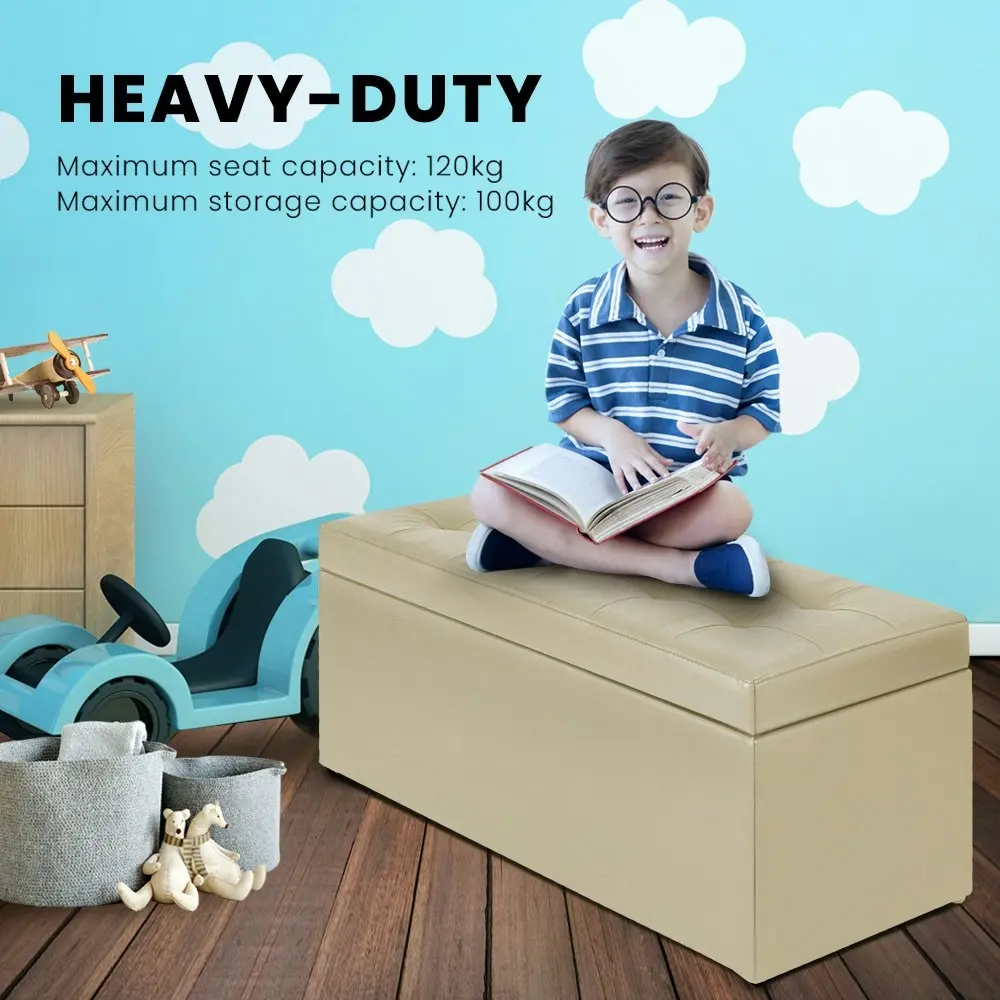 Furb Storage Ottoman Blanket Box PU leather Foot Stool Rest Chest Toy Bedroom Bench Tufted Lid Beige