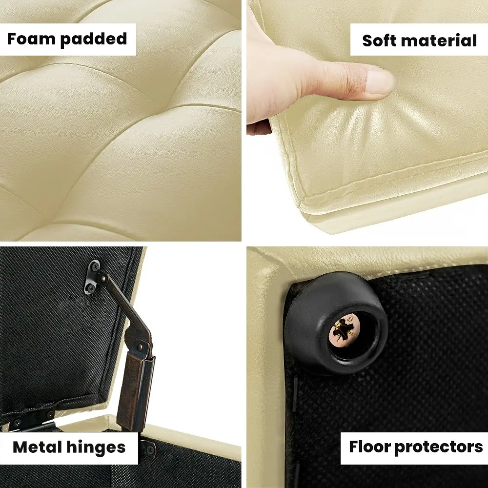 Furb Storage Ottoman Blanket Box PU leather Foot Stool Rest Chest Toy Bedroom Bench Tufted Lid Beige