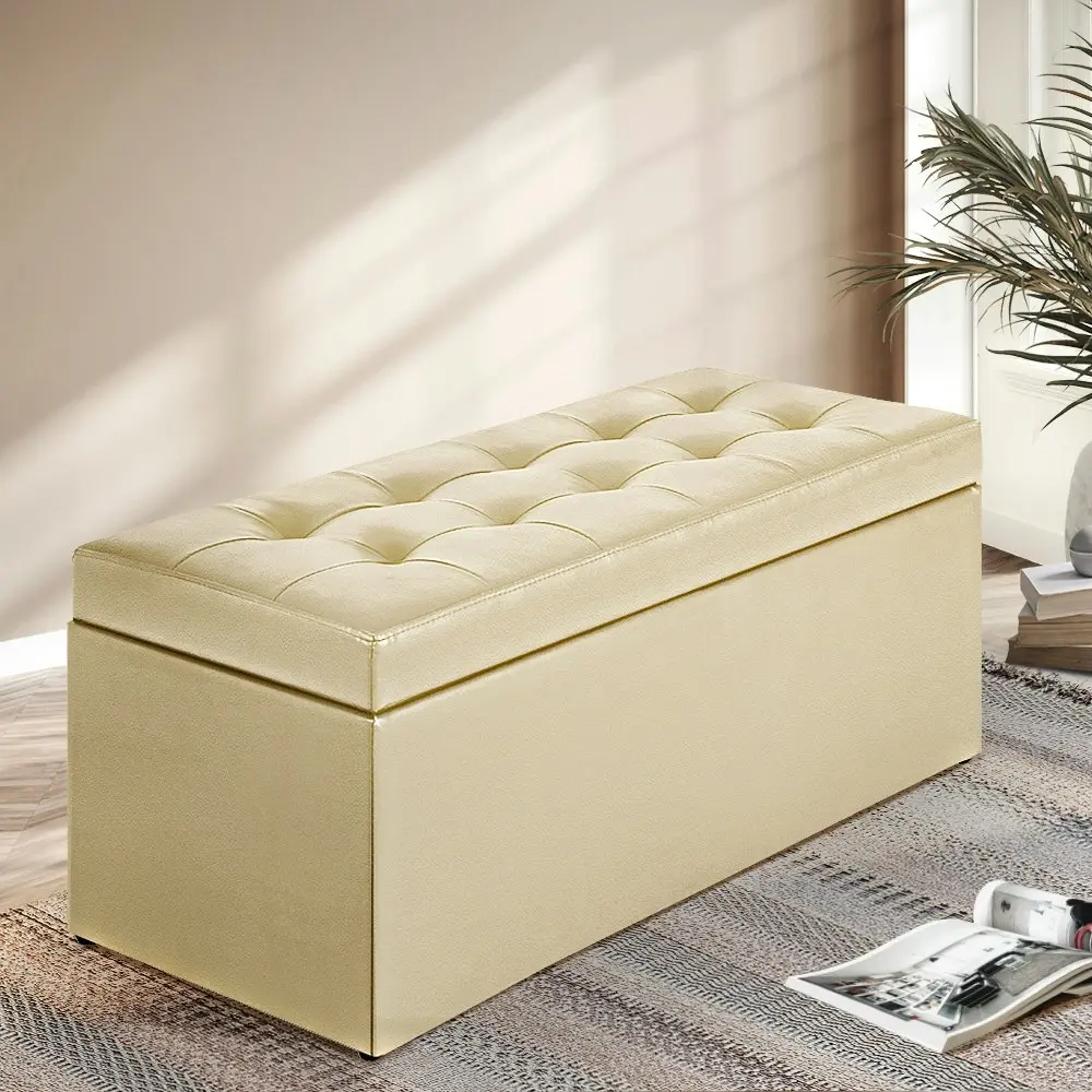 Furb Storage Ottoman Blanket Box PU leather Foot Stool Rest Chest Toy Bedroom Bench Tufted Lid Beige