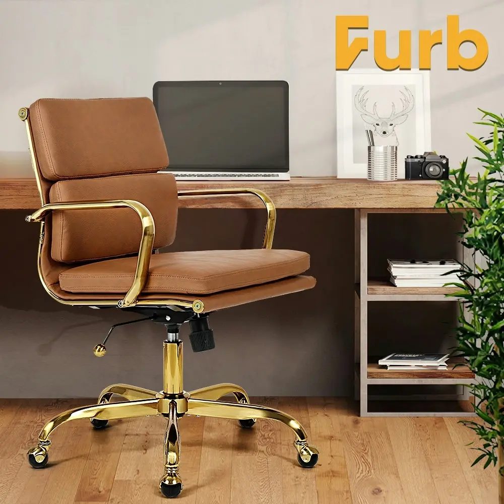 Furb Office Chair Executive Mid-Back Thick Padded PU Leather Work Study Gd Eames Replica Tan