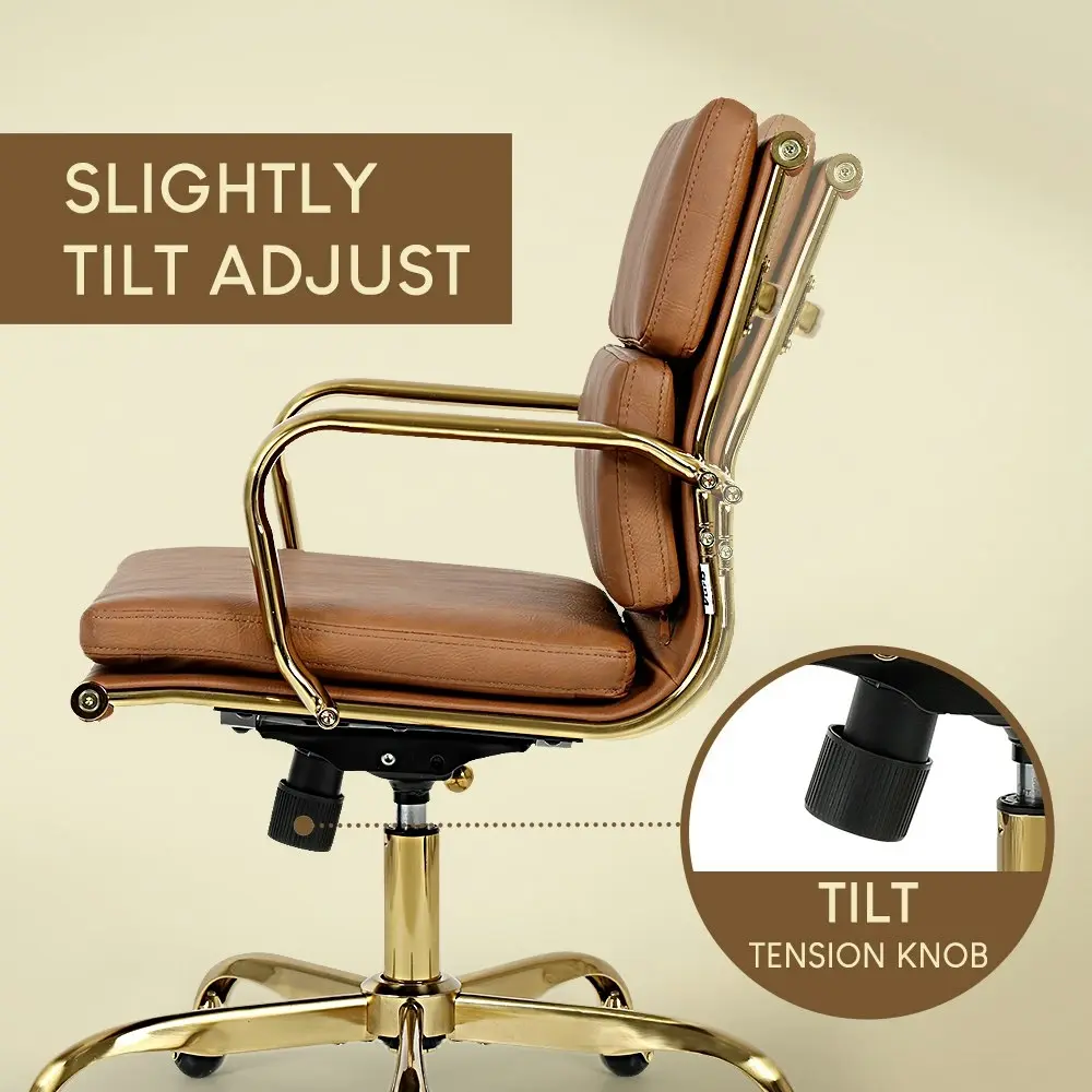 Furb Office Chair Executive Mid-Back Thick Padded PU Leather Work Study Gd Eames Replica Tan