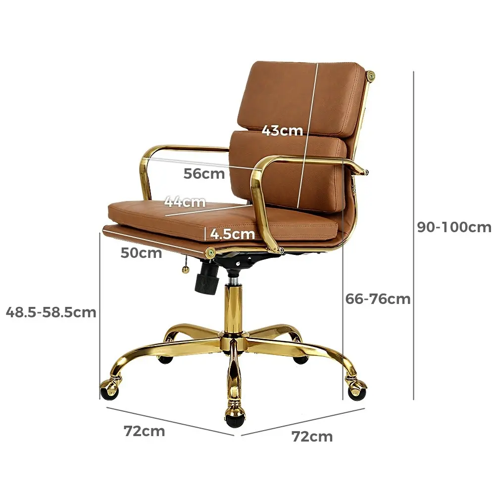 Furb Office Chair Executive Mid-Back Thick Padded PU Leather Work Study Gd Eames Replica Tan