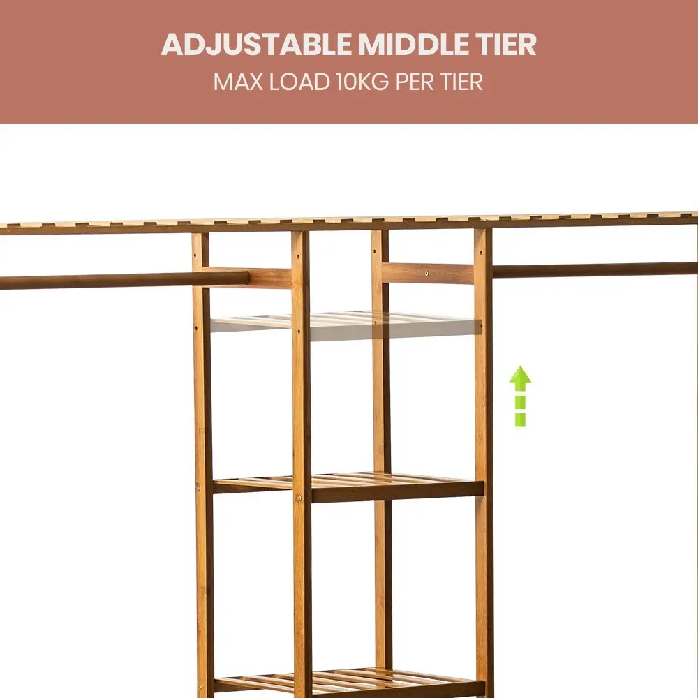 Furb Bamboo Clothes Rack Open Garment Coat Hanger Stand Closet Organiser Shoes Storage Shelves 150cm