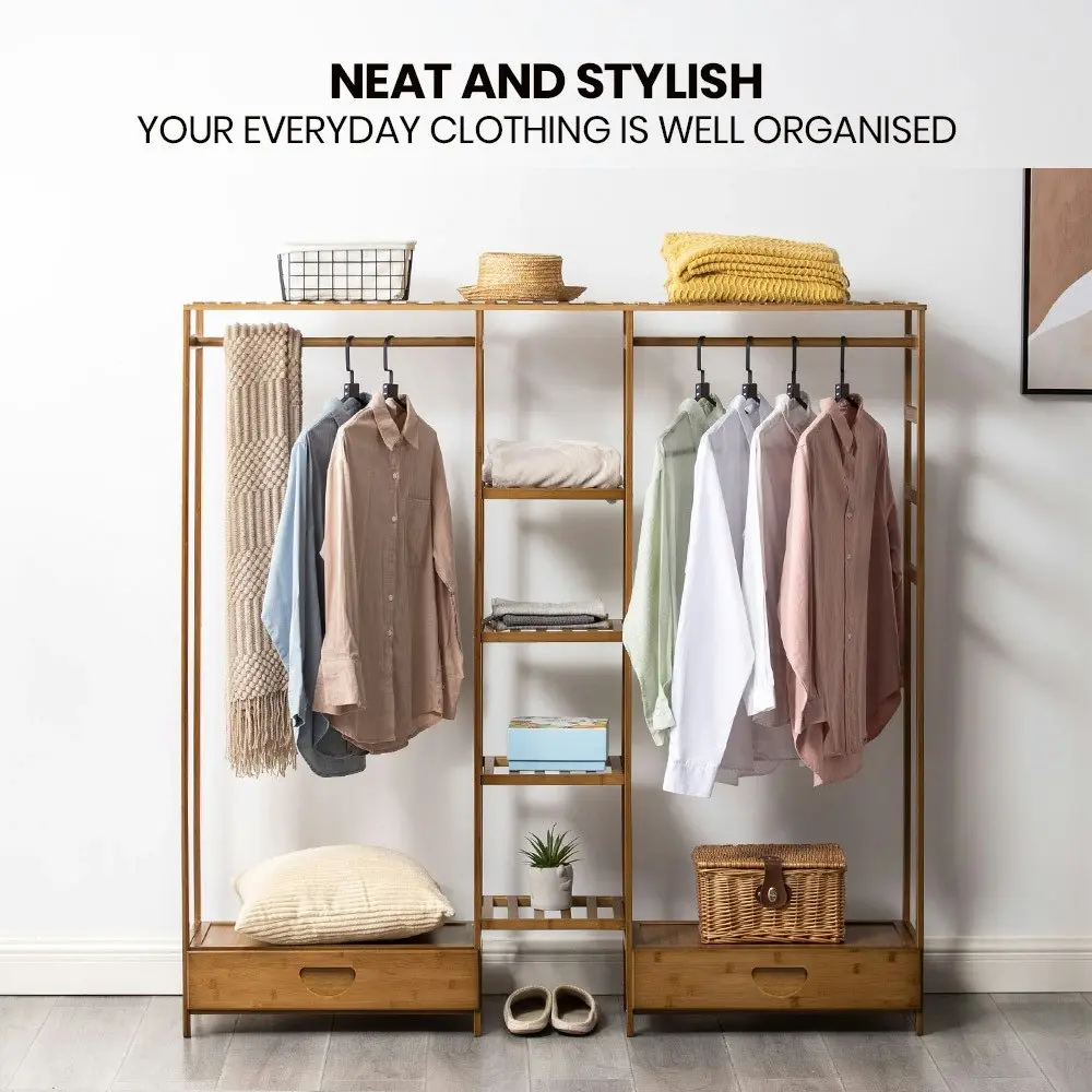 Furb Bamboo Clothes Rack Open Garment Coat Hanger Stand Closet Organiser Shoes Storage Shelves 150cm