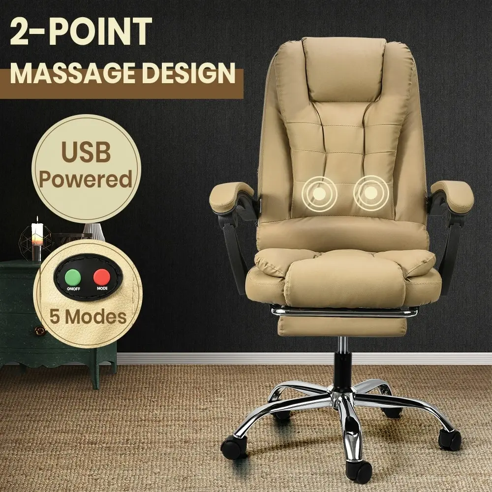 Furb Massage Office Chair Executive PU leather Seat Ergonomic Support Footrest Khaki