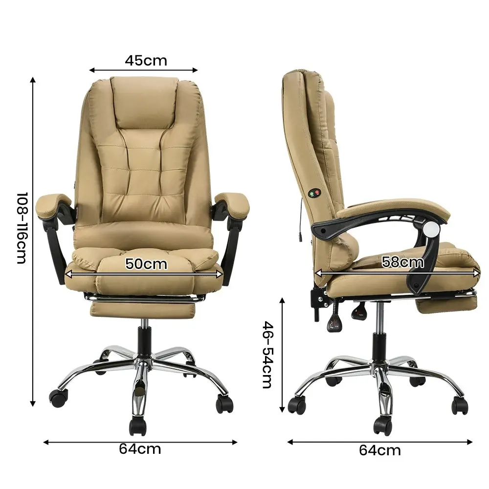 Furb Massage Office Chair Executive PU leather Seat Ergonomic Support Footrest Khaki