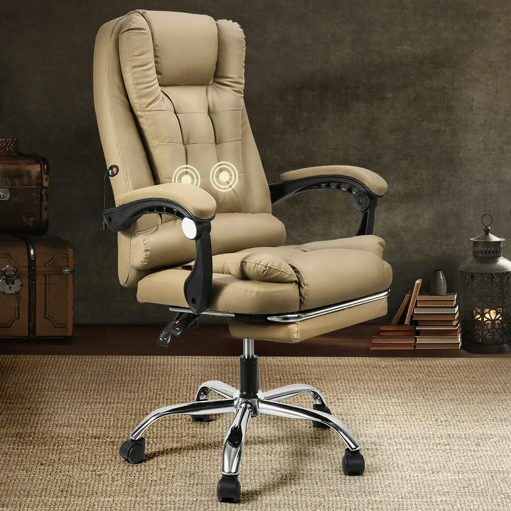 Furb Massage Office Chair Executive PU leather Seat Ergonomic Support Footrest Khaki