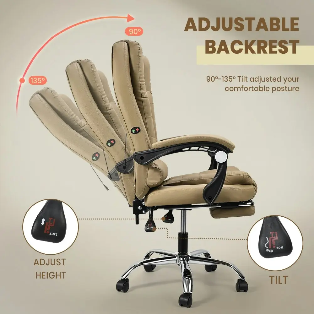 Furb Massage Office Chair Executive PU leather Seat Ergonomic Support Footrest Khaki