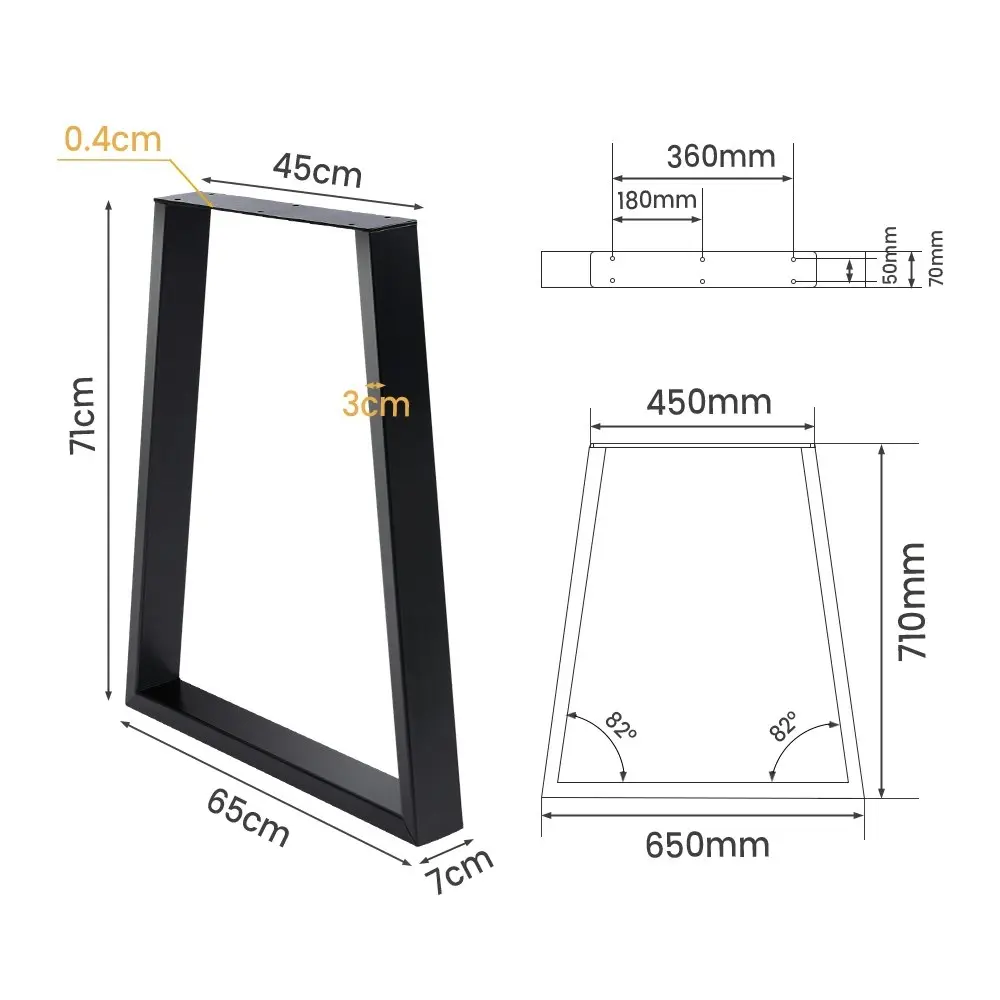 Furb 2x Trapezoid Table Legs Support Coffee Dinner Table Steel DIY Industrial Desk Bench 71x45/65CM