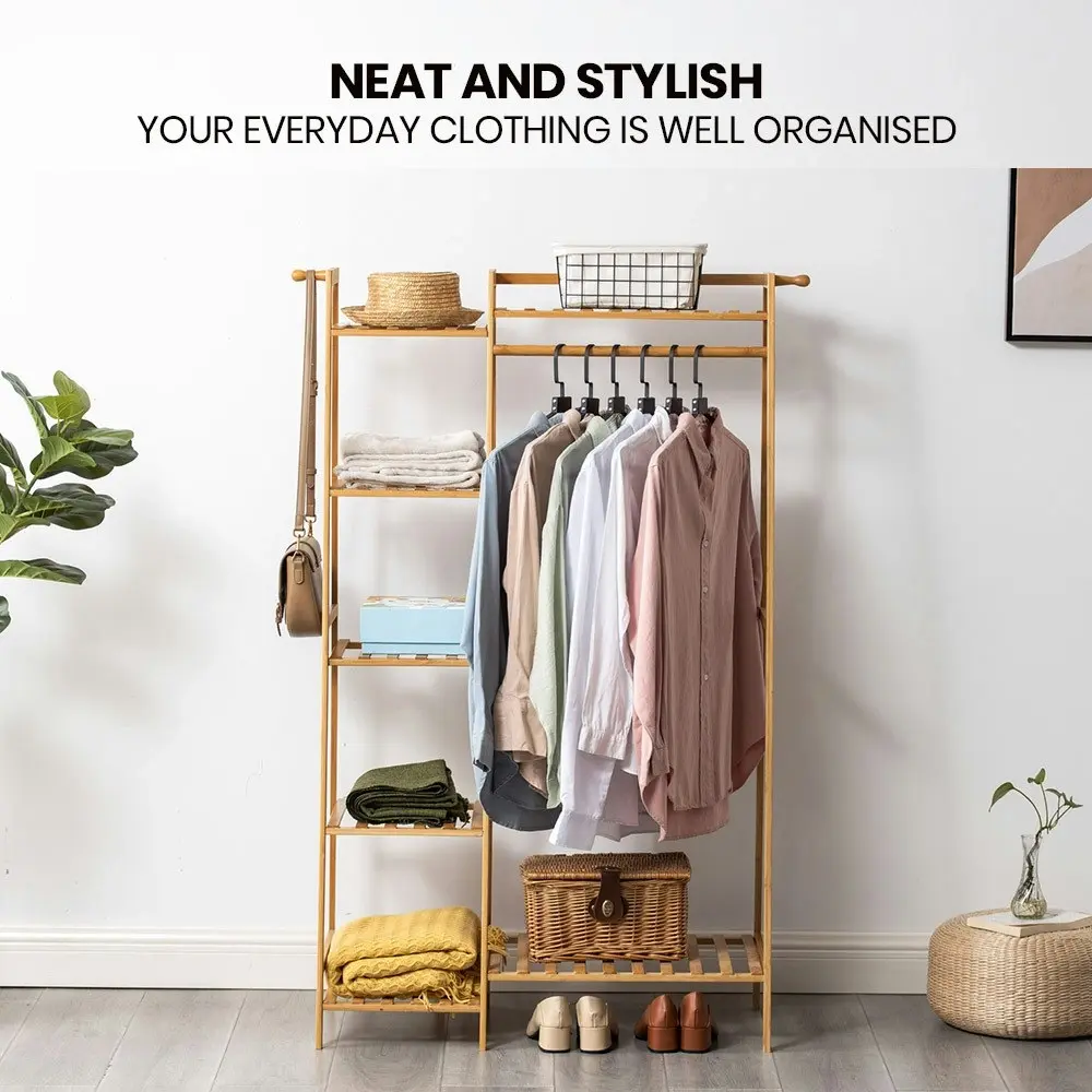 Furb Open Clothes Rack Bamboo Garment Coat Rack Hanging Stand Closet Organiser Shoes Storage Shelves