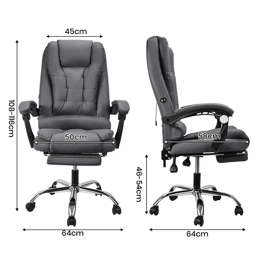 Furb Massage Office Chair Executive PU leather Seat Ergonomic Support Footrest Grey