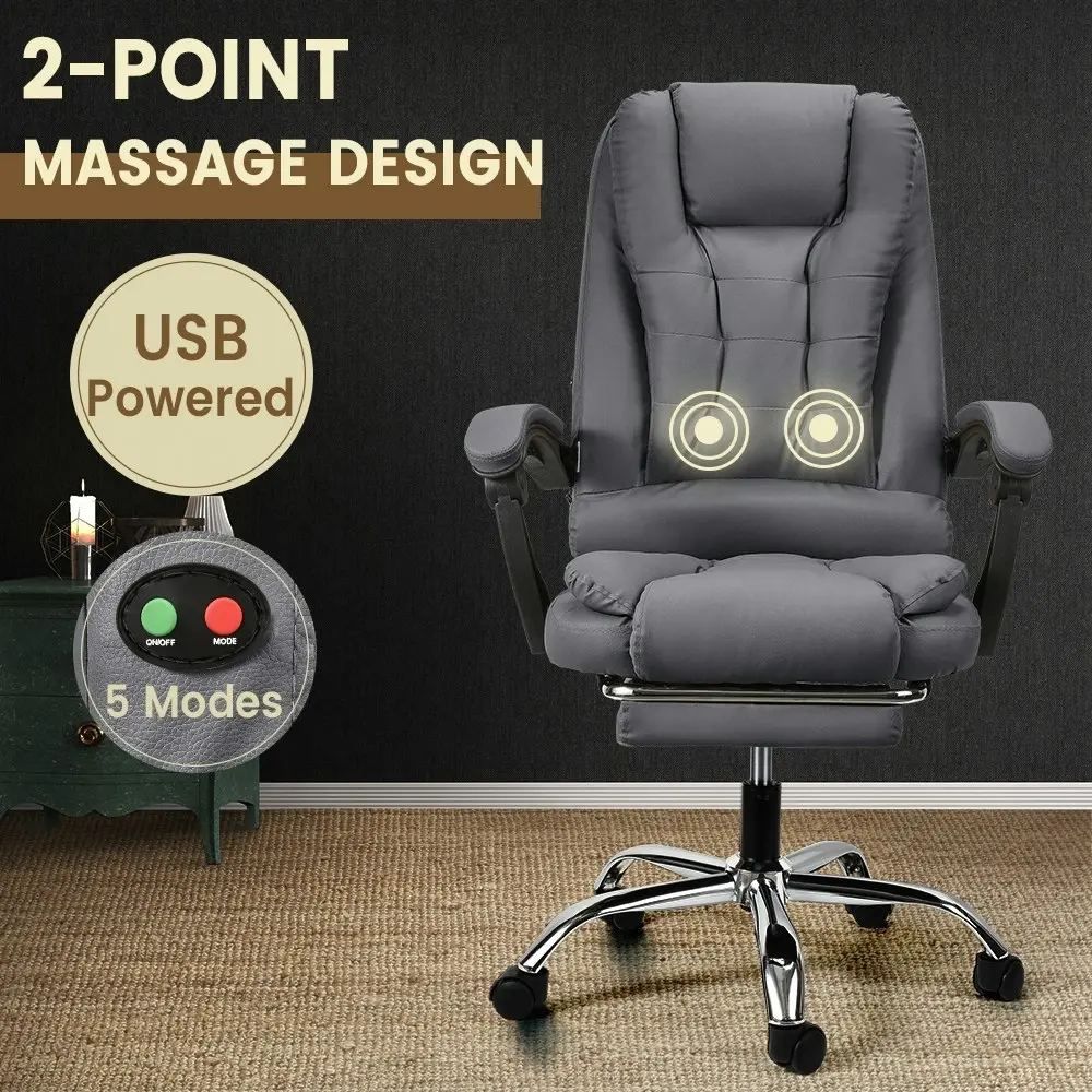 Furb Massage Office Chair Executive PU leather Seat Ergonomic Support Footrest Grey