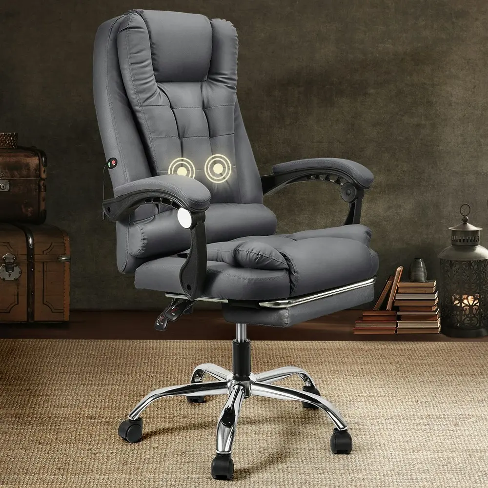 Furb Massage Office Chair Executive PU leather Seat Ergonomic Support Footrest Grey