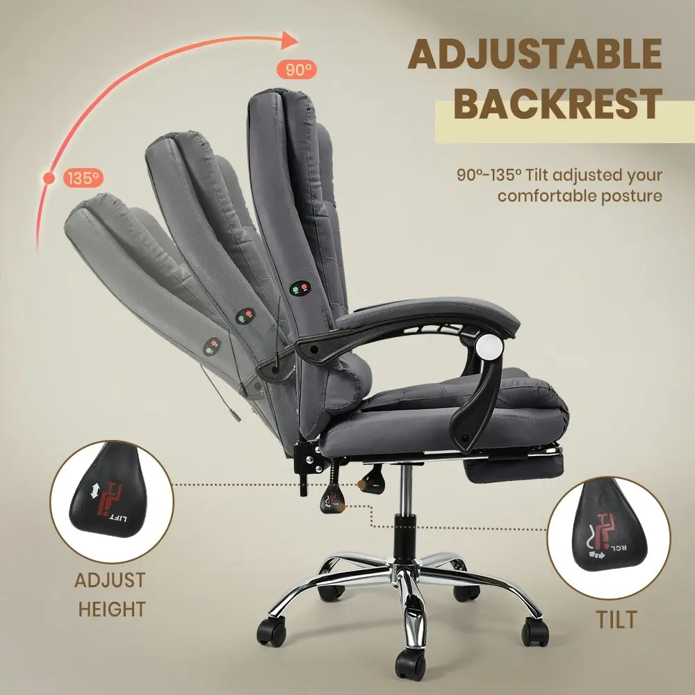 Furb Massage Office Chair Executive PU leather Seat Ergonomic Support Footrest Grey