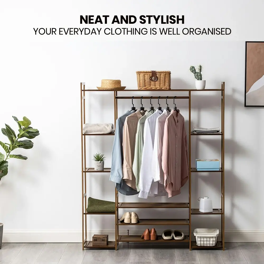 Furb Clothes Rack Bamboo Open Wardrobe Garment Coat Hanger Stand Closet Organiser Shoe Storage Shelf