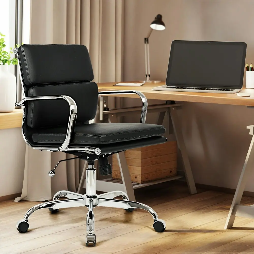 Furb Office Chair Executive Mid-Back Computer PU Leather Work Study Bk Eames Replica Silver