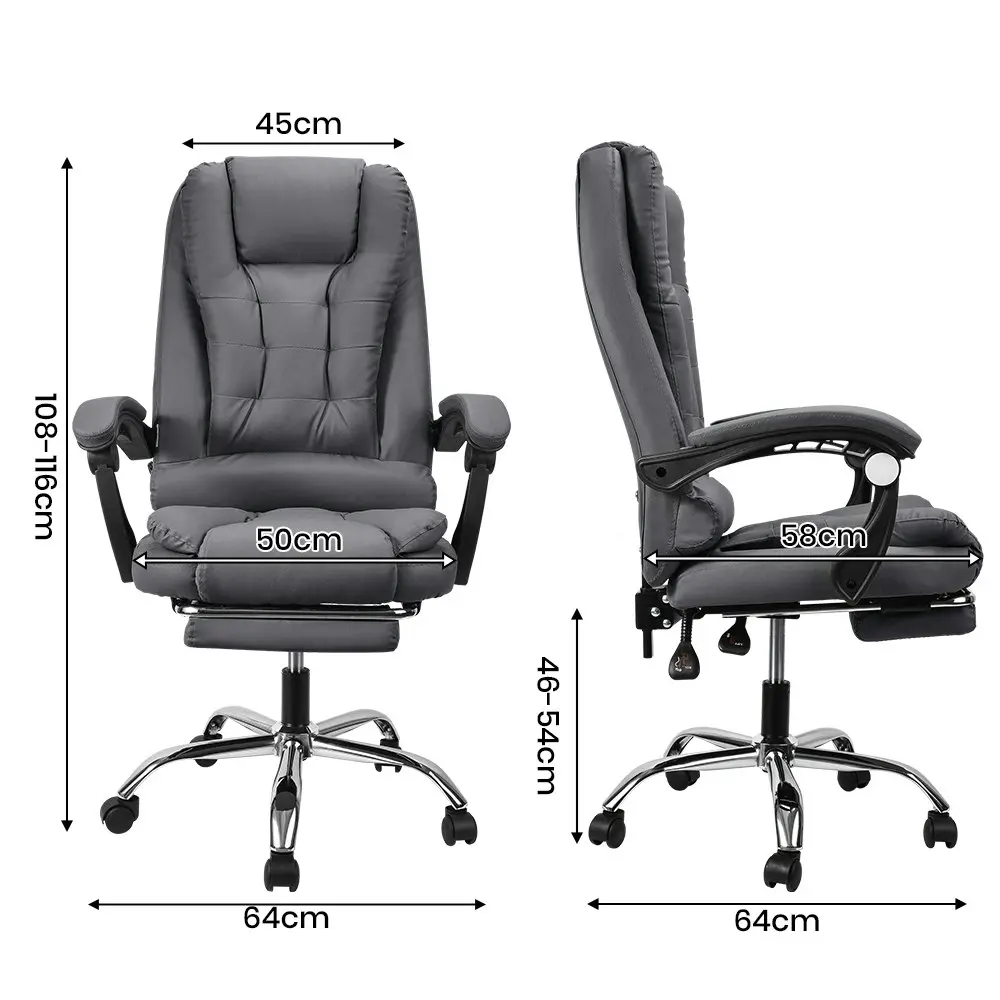 Furb Office Chair Executive PU leather Seat Ergonomic Support Caster Wheel Footrest Grey