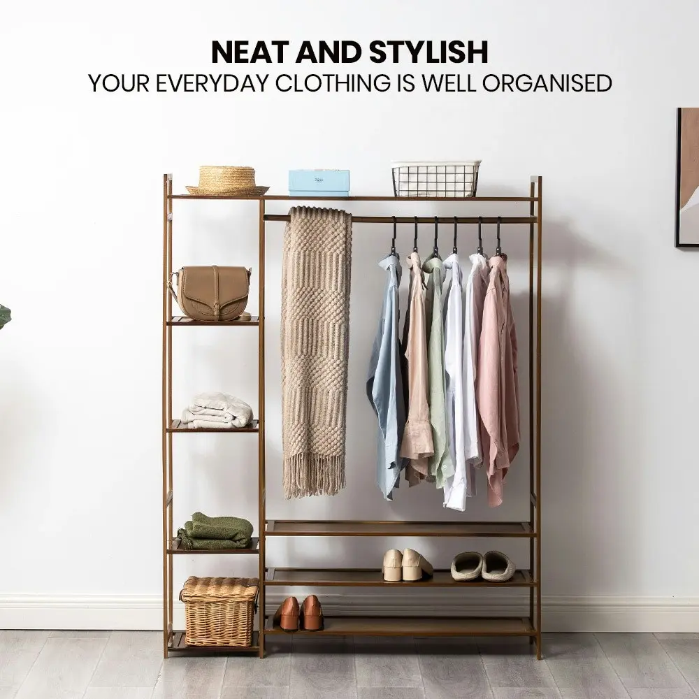 Furb Open Wardrobe Clothes Rack Bamboo Garment Coat Hanger Stand Closet Organiser Shoe Storage Shelf