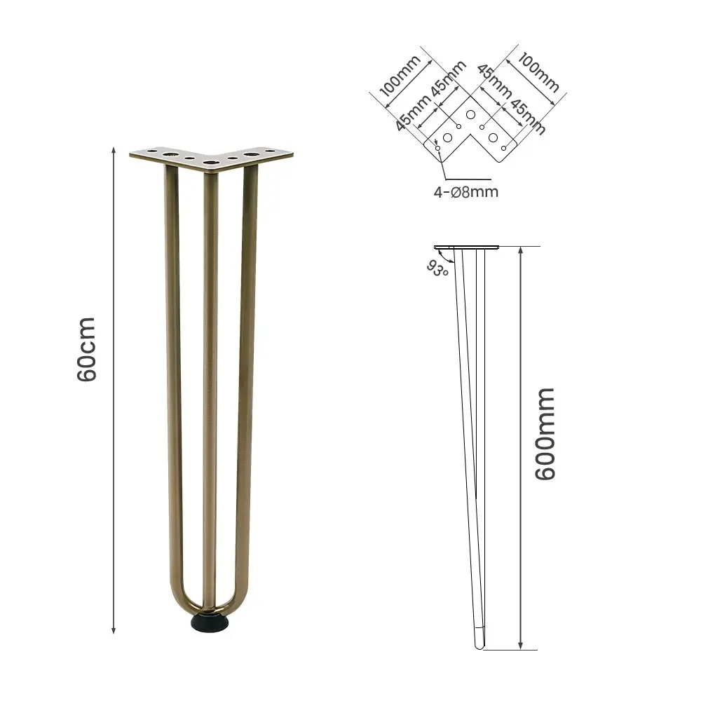 Furb 4x Hairpin Table Legs Support Coffee Dinner Table Steel DIY Industrial Desk Legs 3 Rods 60CM