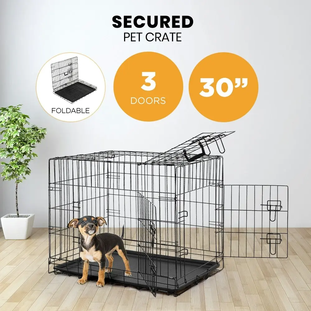 Taily 30" Dog Cage 3 Doors Pet Crate Foldable Metal Frame Kennel Rabbit Cat Puppy Playpen House Tray