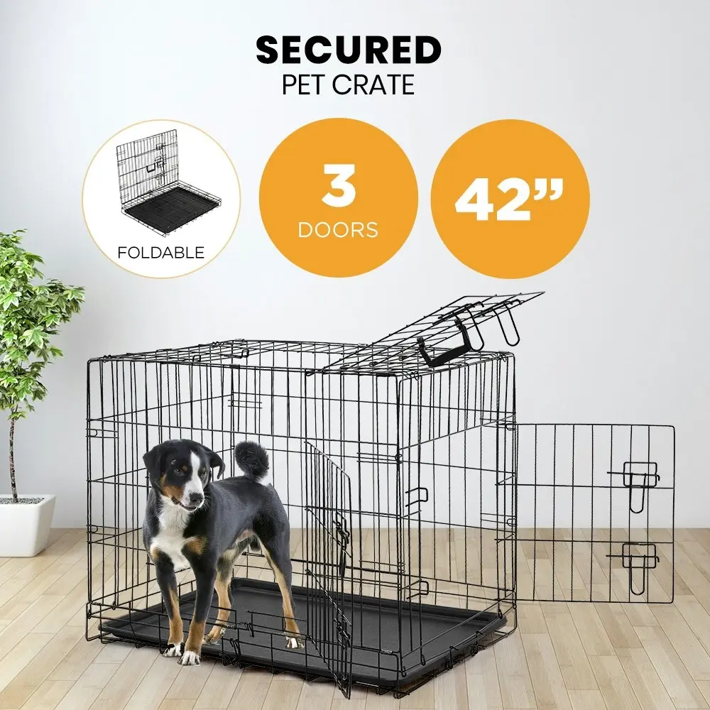 Taily 42" Dog Cage 3 Doors Pet Crate Foldable Metal Frame Kennel Rabbit Cat Puppy Playpen House Tray