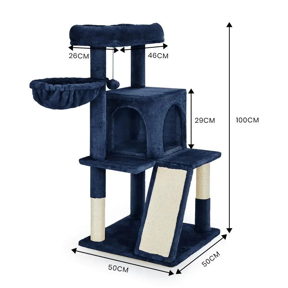 Taily Cat Tree 100cm Tower Condo House Scratching Post Pet Activity Bed Home Pet Furniture Dark Blue