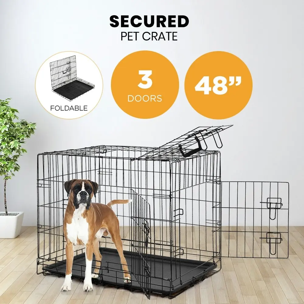 Taily 48" Dog Cage 3 Doors Pet Crate Foldable Metal Frame Kennel Rabbit Cat Puppy Playpen House Tray