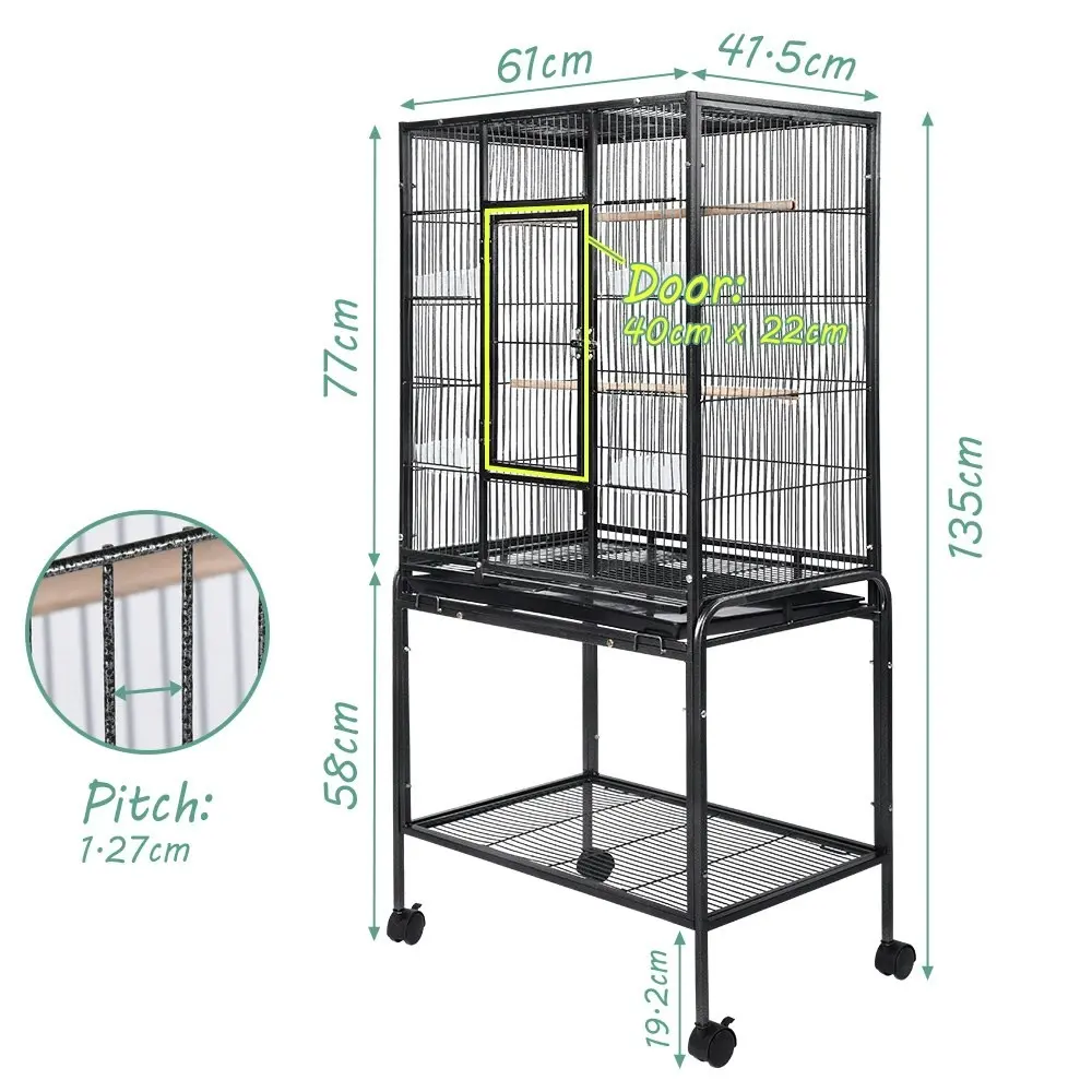 Taily Bird Cage Large Cages Stand-Alone Aviary Budgie Perch Castor Wheels Removable Tray Black 135cm