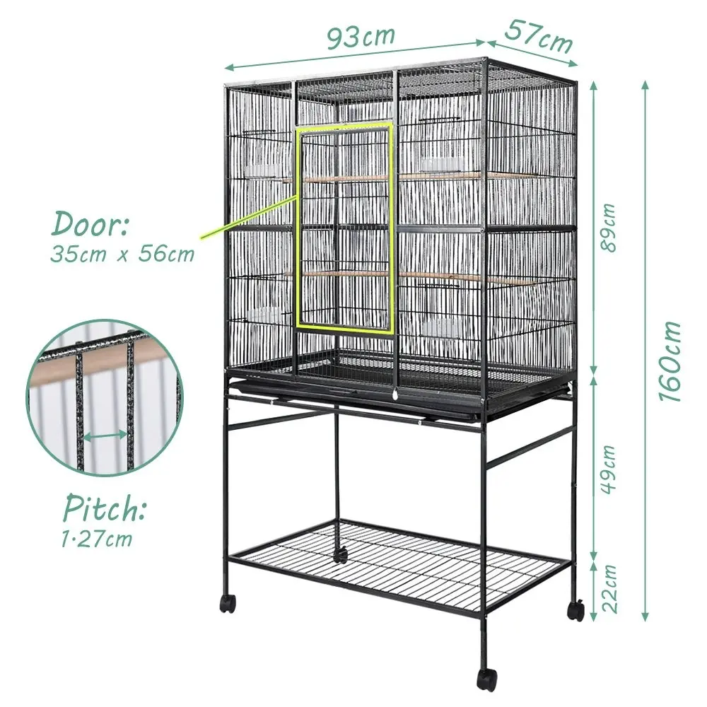 Taily 160CM Large Bird Cage Stand-Alone Aviary Budgie Perch Castor Wheels Large Removable Tray Black