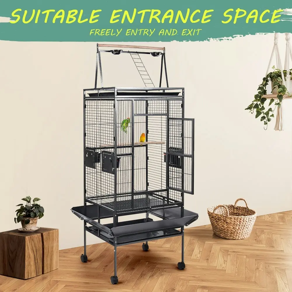 Taily 173CM Large Bird Cage Stand-Alone Aviary Budgie Perch Castor With Wheels Removable Tray Black