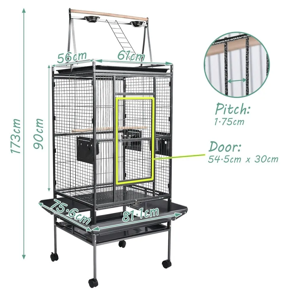 Taily 173CM Large Bird Cage Stand-Alone Aviary Budgie Perch Castor With Wheels Removable Tray Black