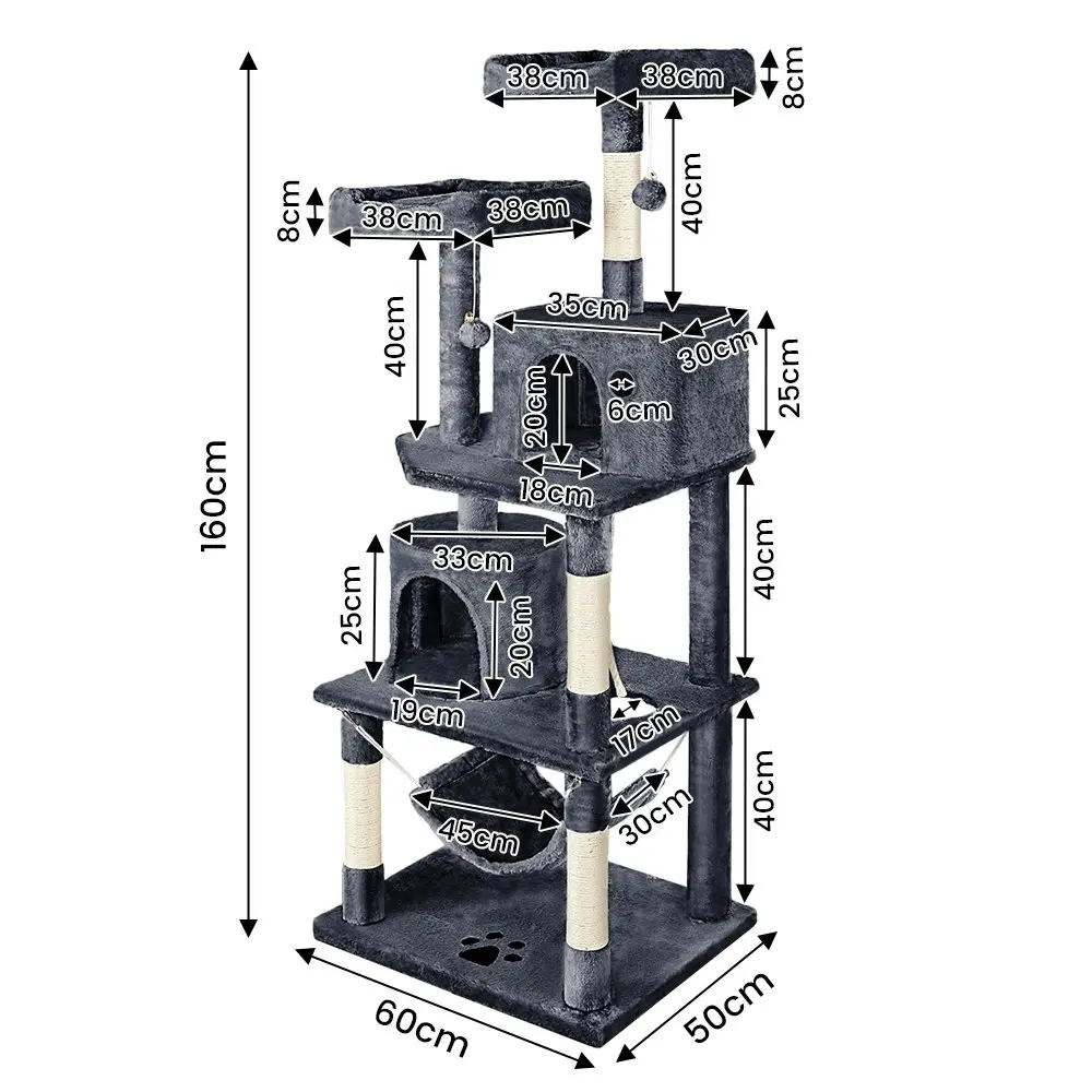 Taily Cat Tree Scratching Post Scratcher Tower Condo House Bed Stand 160CM Stand Pet Furniture Grey