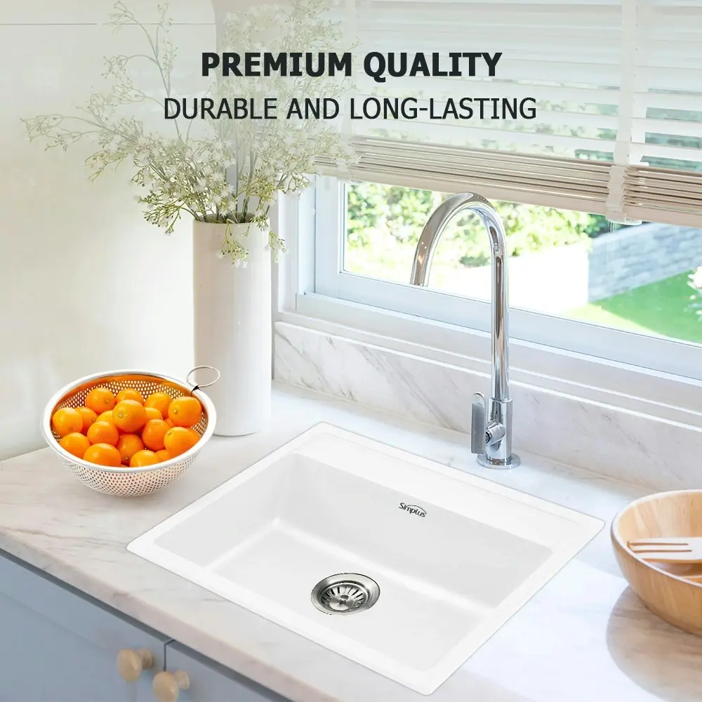 Simplus Kitchen Sink 58x46CM Granite Stone Sinks Bathroom Basin Laundry Single Bowl Sink in White