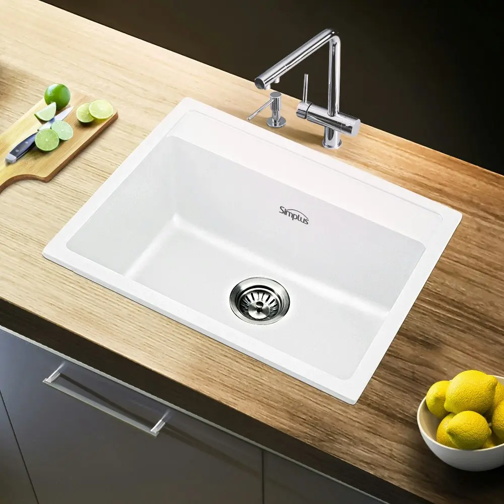 Simplus Kitchen Sink 58x46CM Granite Stone Sinks Bathroom Basin Laundry Single Bowl Sink in White