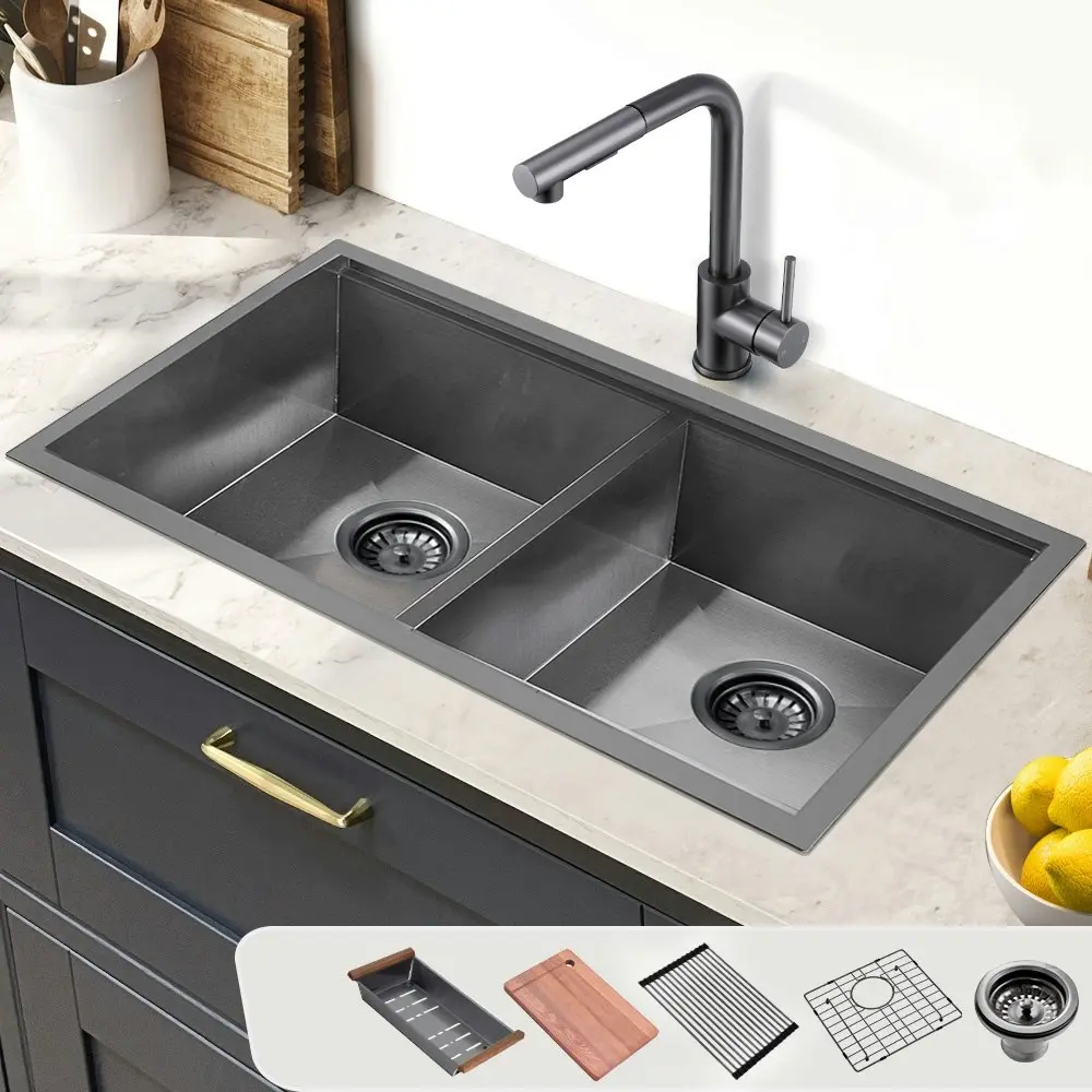 Simplus Stainless Steel Kitchen Workstation Sink 75x45CM Laundry Undermount Double Bowl Set Black