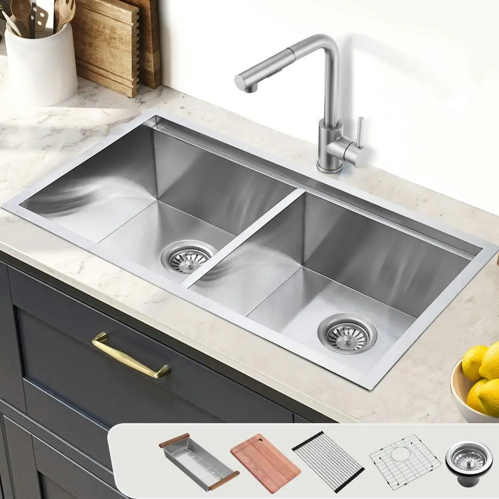 Simplus Stainless Steel Kitchen Workstation Sink 82x45CM Laundry Undermount Double Bowl Set Silver