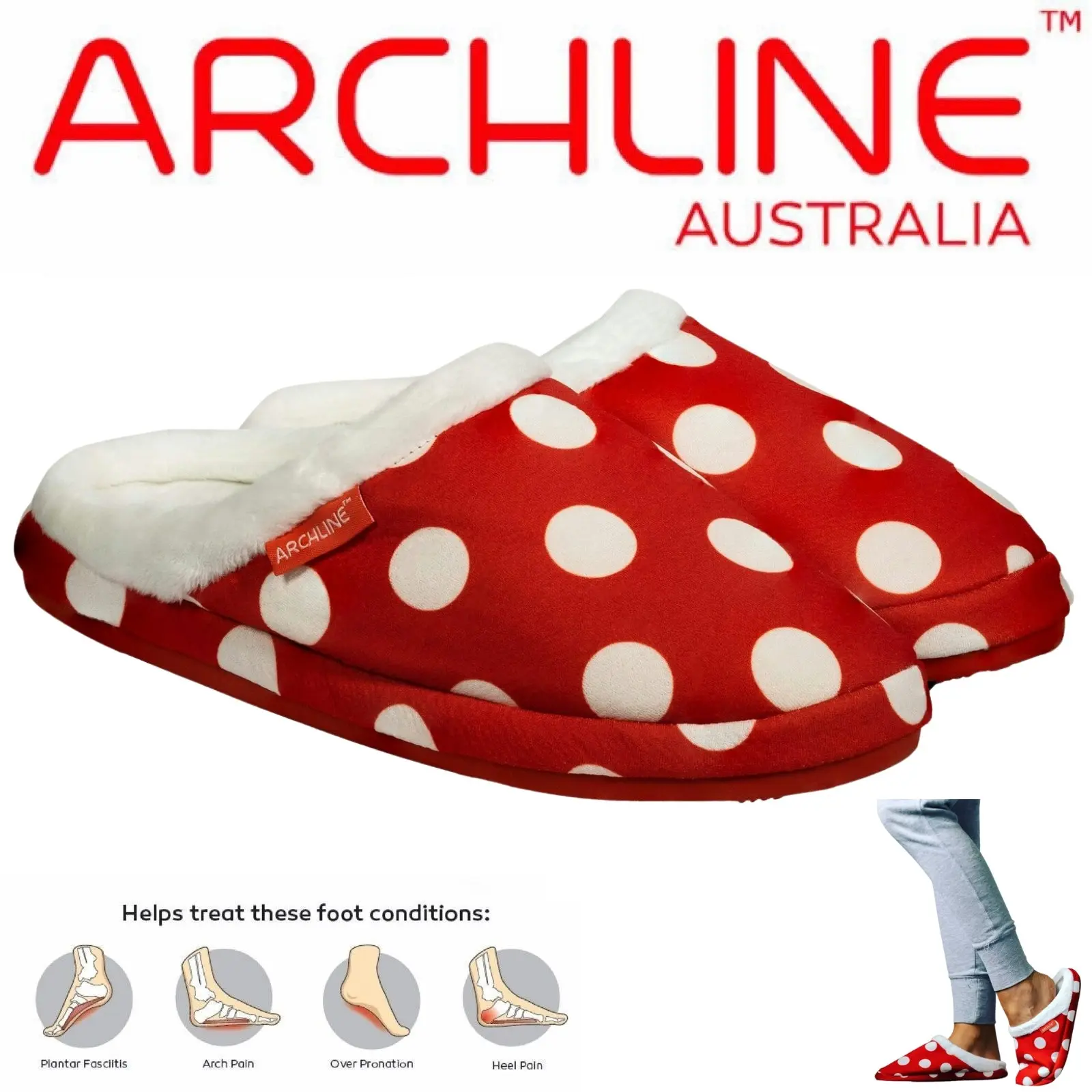 Archline Orthotic Slippers Slip On Scuffs Pain Relief Moccasins - Red Polka Dot