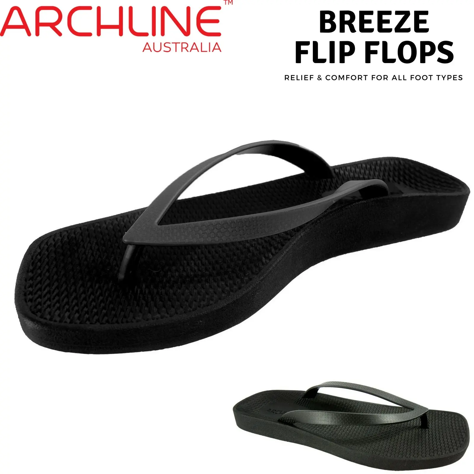 Archline Breeze Arch Support Orthotic Thongs Flip Flops Arch Support - Black