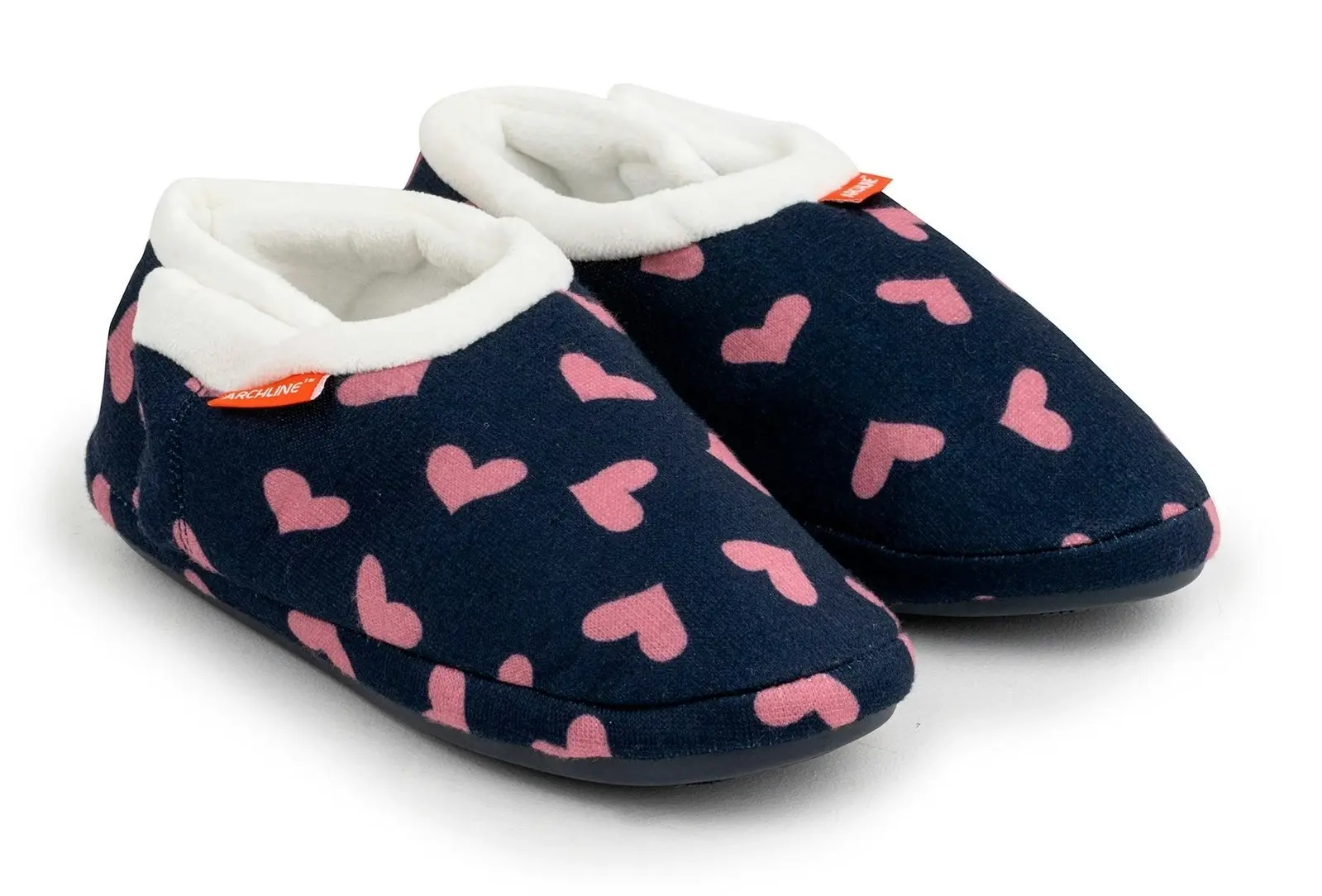 Archline Orthotic Slippers CLOSED Arch Scuffs Moccasins Pain Relief in Navy Hearts