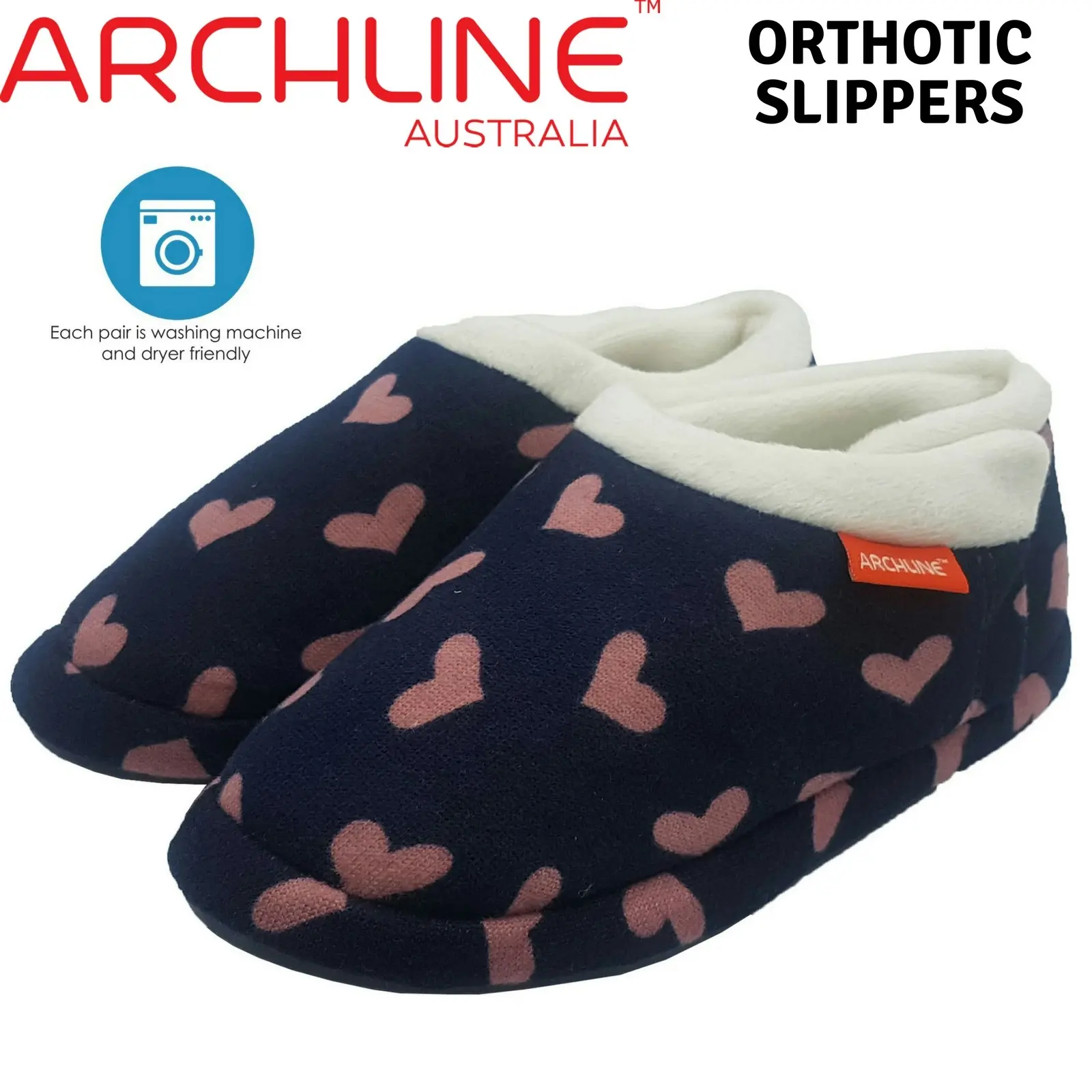 Archline Orthotic Slippers CLOSED Arch Scuffs Moccasins Pain Relief in Navy Hearts