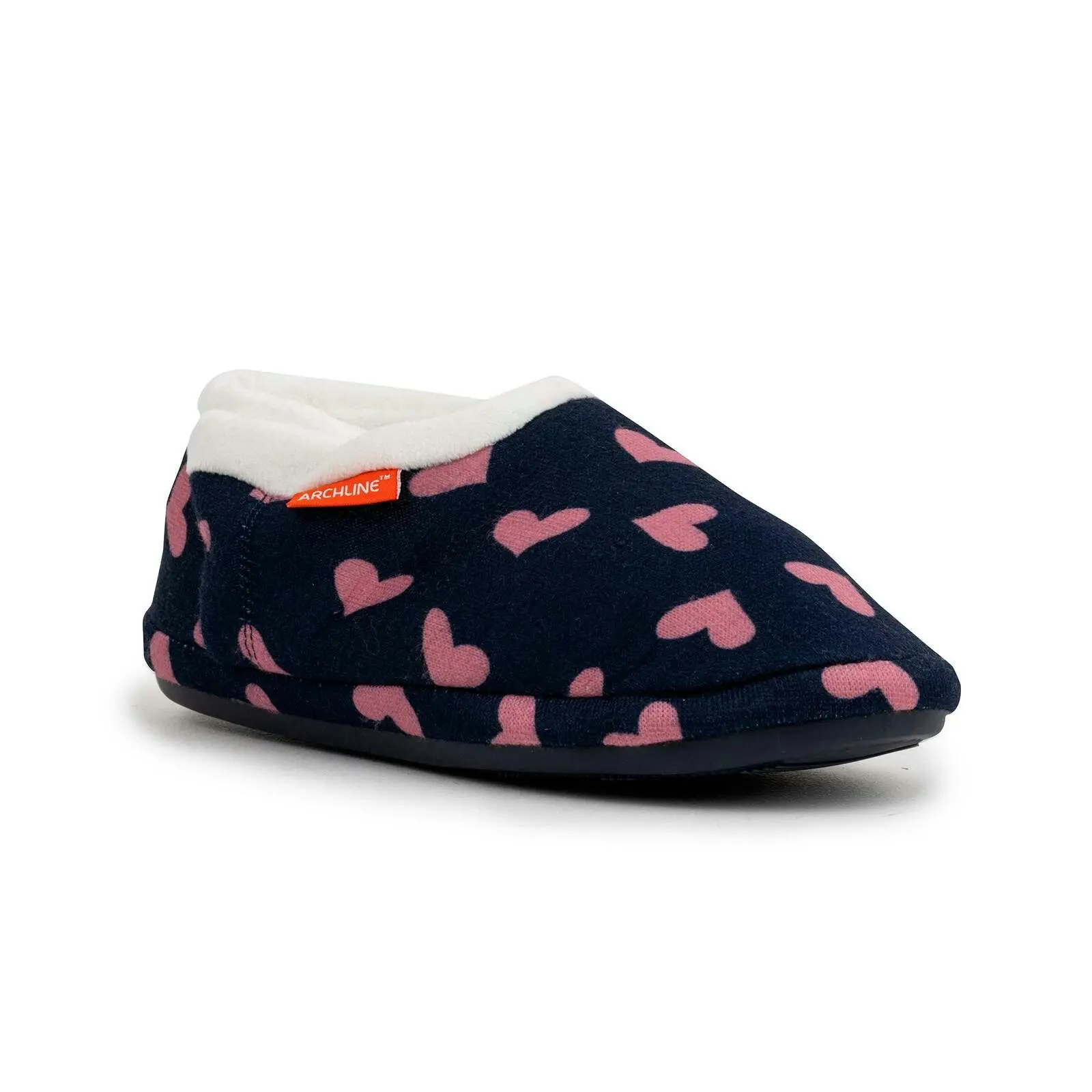 Archline Orthotic Slippers CLOSED Arch Scuffs Moccasins Pain Relief in Navy Hearts