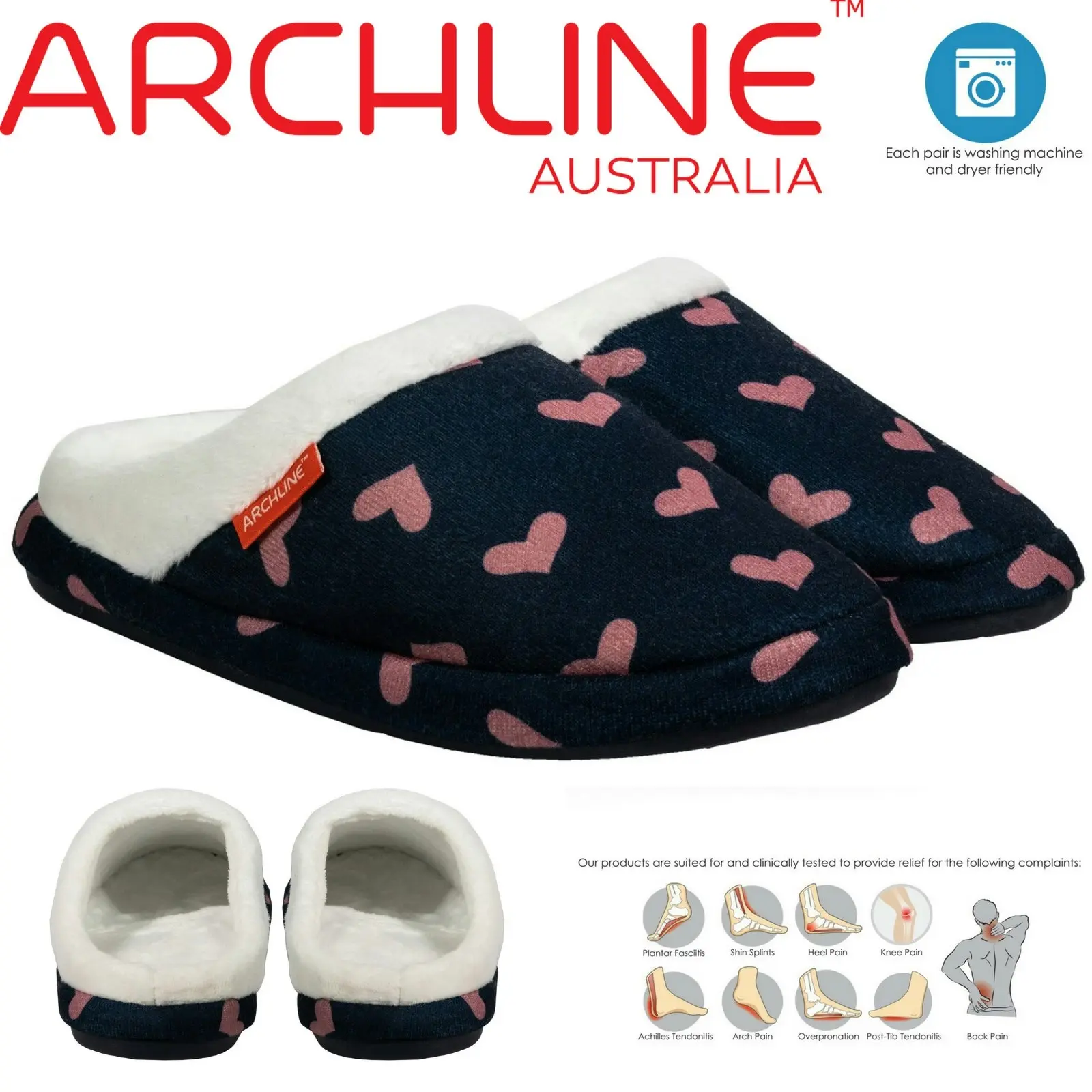 Archline Orthotic Slippers Slip On Scuffs Pain Relief Moccasins - Navy with Hearts