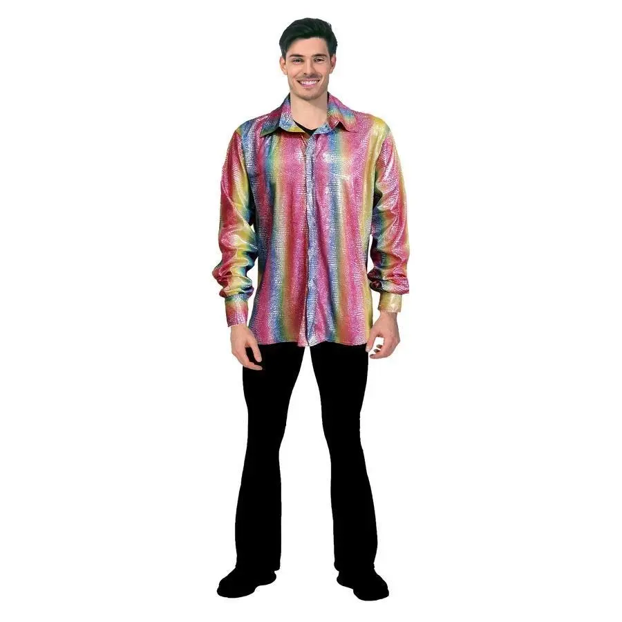 Mens 70s Deluxe Disco Shirt Costume Dance Groovy Dancer Long Sleeve