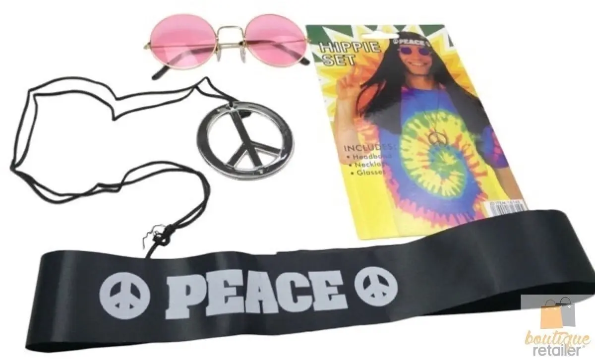 Hippie Kit Set Headband Glasses Pendant Peace Sign Necklace 60s 70s Costume