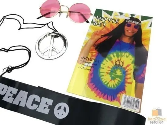 Hippie Kit Set Headband Glasses Pendant Peace Sign Necklace 60s 70s Costume