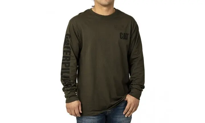 Caterpillar Mens Trademark Banner Long Sleeve Tee Top CAT - Army Moss