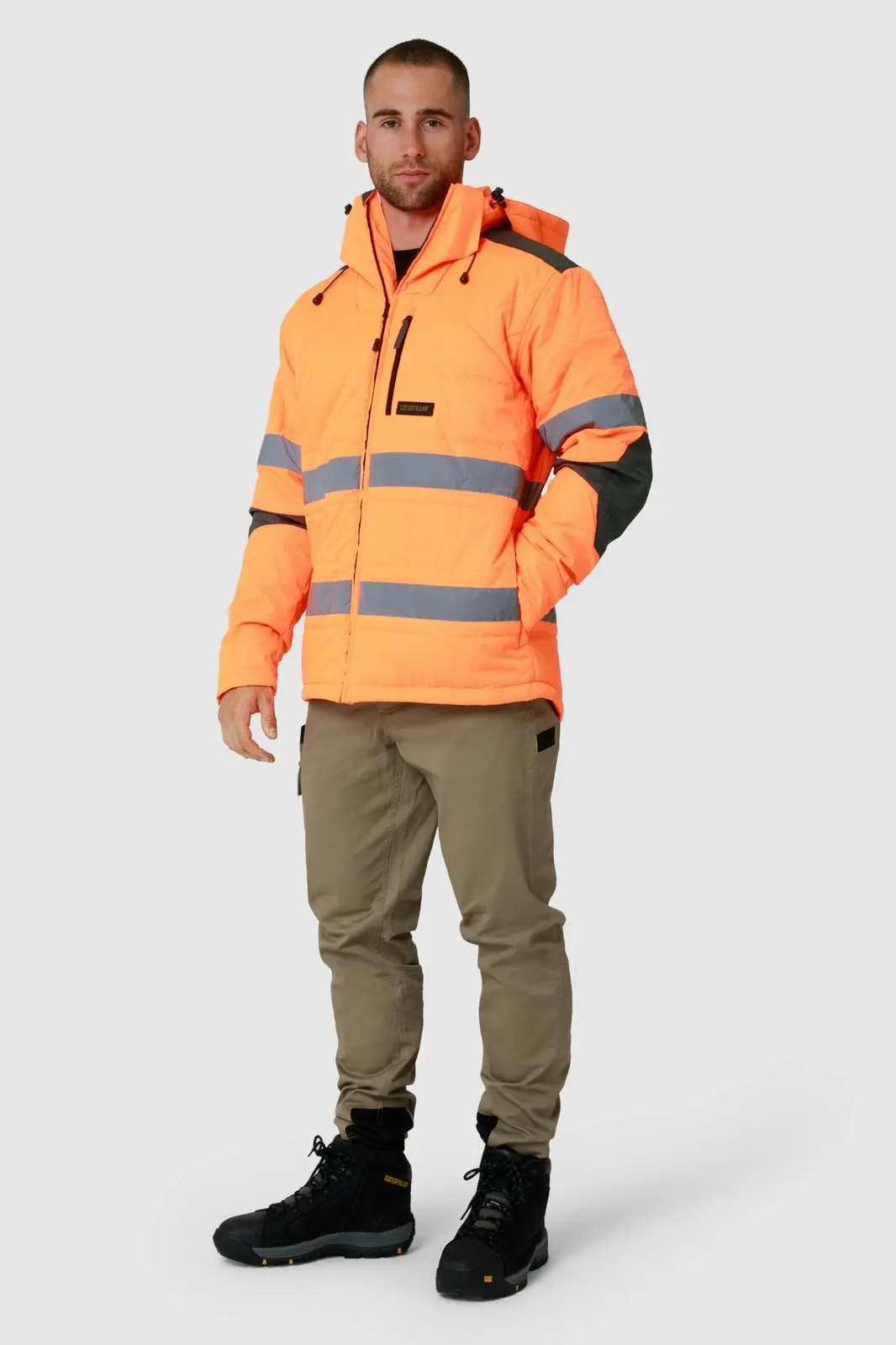 Caterpillar Mens Boreas Hi-Vis Puffer Jacket w Hood Water Resistant CAT - Orange