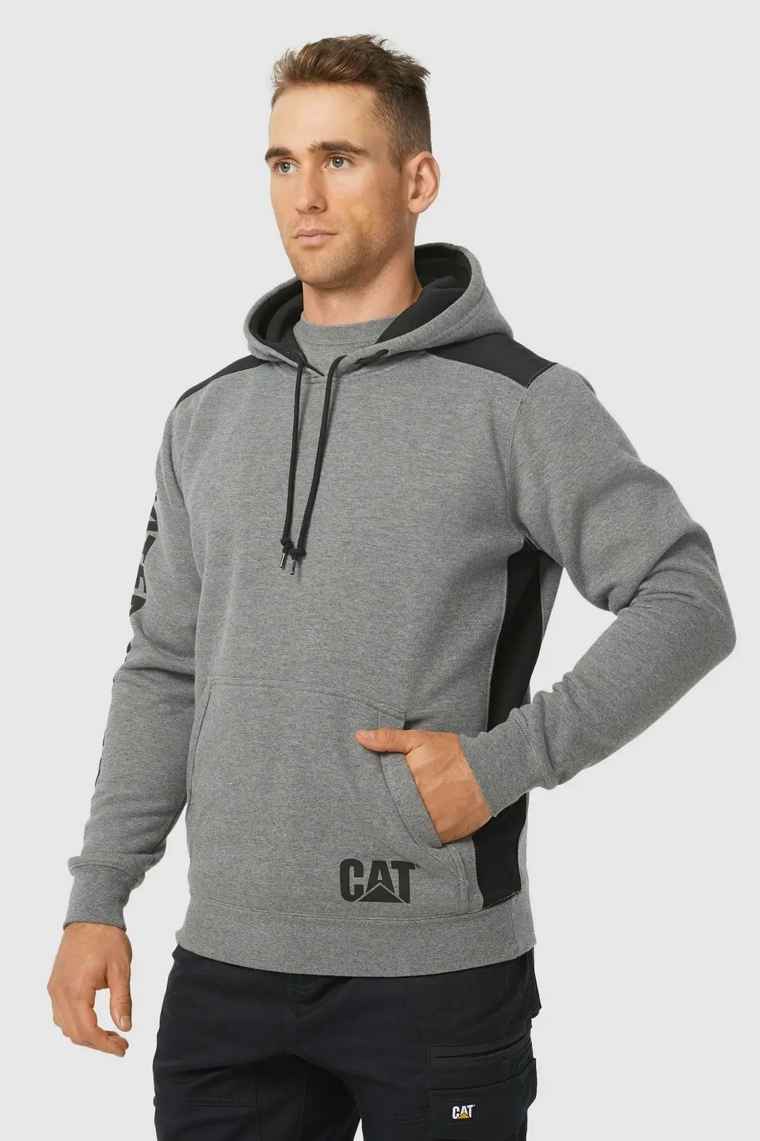 Caterpillar Logo Panel Hooded Sweatshirt Jumper Hoodie Warm Winter - Dark Heather Grey