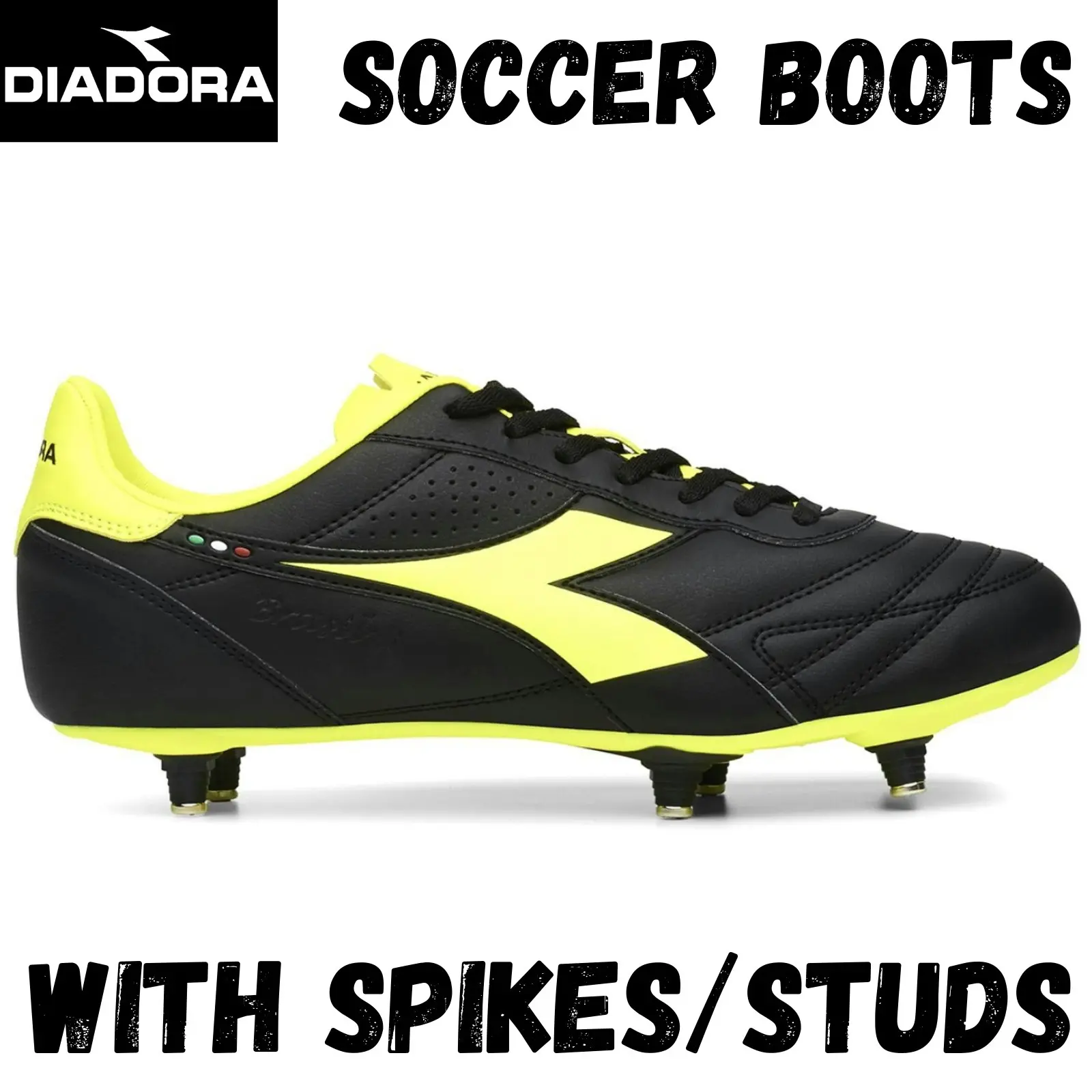 Diadora Mens Brasil R SC Football Boot Soccer Footy Spike Studs - Black/FluroYellow